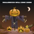 Poster in style of holiday all evil Halloween. Scarecrow with a head of pumpkin at midnight by the light of the moon Royalty Free Stock Photo