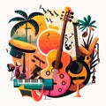 Poster for a summer live music festival or jazz party. Musical instruments, drum, guitar and piano. Cartoon vector illustration. Royalty Free Stock Photo