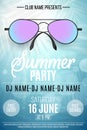 Poster for a Summer Party. Colorful beach sunglasses on a blue background with palm trees. Glares bokeh. The names of the club and Royalty Free Stock Photo