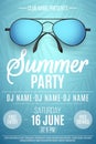 Poster for a Summer Party. Colorful beach sunglasses on a blue background with palm trees. The names of the club and DJ. Summer di