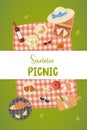 poster summer picnic, green grass, picnic basket, food in nature. vector illustration bbq Royalty Free Stock Photo