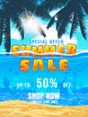 Poster Summer Sale poster template. Exotic underwater life, fishes, seaweeds, palms, sun, sky Royalty Free Stock Photo