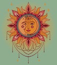 Poster with sun and moon faces and jewels