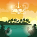 Poster sunset landscape of palm trees on the beach with logo summer time with anchor