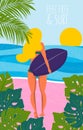 Poster with surfer girl with longboard on the beach. Beach lifestyle poster in retro style. Flat illustration.