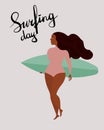 Poster with black surfer girl with surfboard. Lettering International Surfing day