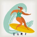 Poster with surfer on surfboard catching waves in ocean. Beach and surfings design for poster, t-shirt or cards