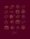 Poster sushi type set line style neon burgundy color