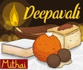 Delicious Traditional Desserts for Diwali Celebration and Diya Lamp, Vector Illustration