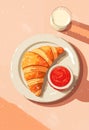 Poster with tasty French croissant and strawberry jam