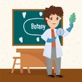 Poster of a teacher in Botany. Teaching Biology to children at school. Illustration of a school experiment with a