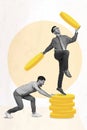 Poster template collage of two bankers investing golden coins save income isolated on pastel color background