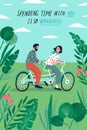 Poster template with cute couple riding tandem bike at park and romantic phrase. Young boy and girl in love or pair of Royalty Free Stock Photo