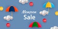 Poster template for Great Monsoon Sale design with colorful umbrellas and clouds. Vector Royalty Free Stock Photo