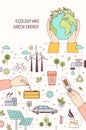 Poster template with hands holding globe, lightbulb and seeds surrounded by wind and solar power plants, electric car