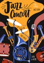 Poster template for jazz music orchestra performance, festival or concert with musical instruments and lettering. Vector