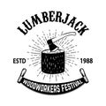 Poster template of lumberjack festival. Wood stump with hatchet. Design element for emblem, sign,banner