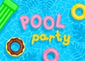 Poster template for pool party. Colorful inflatable circles, mattress and letters float on the water surface Royalty Free Stock Photo