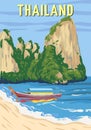 Poster Thailand tropical resort vintage. Travel holiday summer. Exotic beach coast, boat, palms, ocean. Retro style