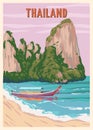 Poster Thailand tropical resort vintage. Travel holiday summer. Exotic beach coast, boat, palms, ocean. Retro style Royalty Free Stock Photo