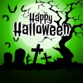 A poster on the theme of the Halloween holiday. The hand of undead zombies at an abandoned cemetery. Vector illustration.