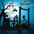 A poster on the theme of the Halloween holiday. Undead skeleton leaves abandoned cemetery. Vector illustration.