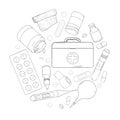 Poster on the theme of health. A set with a first aid kit, medicines and tablets arranged in a circle. Black outline on
