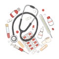 Poster on the theme of health. Set with a stethoscope, medicines and tablets arranged in a circle.