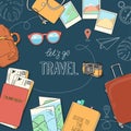 Poster on the theme of travel, recreation, and adventure. Luggage, documents, map, camera and inscription. Hand-drawn.