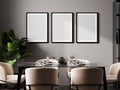 poster three frames mock up in modern dining room interior with black table and chairs and gray wall with sunbeams, minimalist