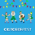 Poster to celebrate the Oktoberfest Beer Festival with group of young people in traditional German clothing partying and text,