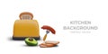 Poster with toaster with bread, realistic sausage, and avocado Royalty Free Stock Photo