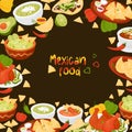 Poster traditional mexican food. Latin American dishs Quesadilla, Tacos, guacamole with nachos, green Soup and Tomato