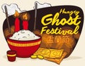 Poster with Traditional Offering to Celebrate Ghost Festival, Vector Illustration Royalty Free Stock Photo