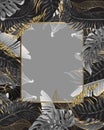 Poster with tropical monochrome leaves and gold frame. Vector.