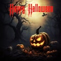 Happy Halloween poster with spooky pumpkin In A Spooky Forest At Night Royalty Free Stock Photo