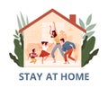 Poster urging you to stay home to protect yourself from the new COVID-2019 coronavirus. Family with children is dancing