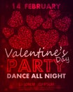 Poster for Valentines Day party, dance template with red foil hearts and lettering love, happy. Holidays