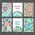 Poster vector template set with donuts. Advertising for bakery shop or cafe. Sweet background.