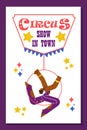 Poster or vertical banner with acrobat woman on hanging hoop flat style