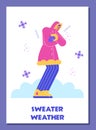 Poster or vertical banner with freezing woman in pink coat flat style