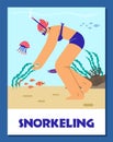 Poster or vertical banner with snorkeling girl flat style, vector illustration