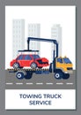 Poster or vertical banner about towing truck service flat style Royalty Free Stock Photo