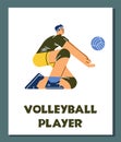 Poster or vertical banner with young boy volleyball player flat style, vector illustration Royalty Free Stock Photo