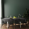 Poster, wall mock up in dark green dining room interior