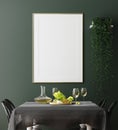 Poster, wall mock up in dark green dining room interior