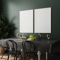 Poster, wall mock up in dark green dining room interior