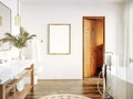 Poster, wall mockup in white cozy bathroom interior background Royalty Free Stock Photo