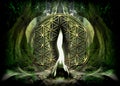 Poster, Wallpaper with Flower Of Life and Green Flame of Archangel Raphael in beautiful mystical forest landscape.