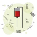 Poster white background with black silhouette icons of health control in background and colorful blood bag in closeup